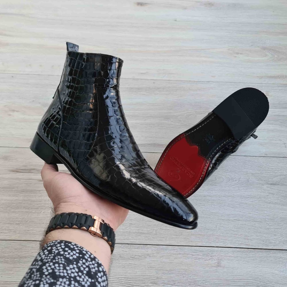 Black Men's Chelsea Croco Patent Leather Boots | Red Sole
